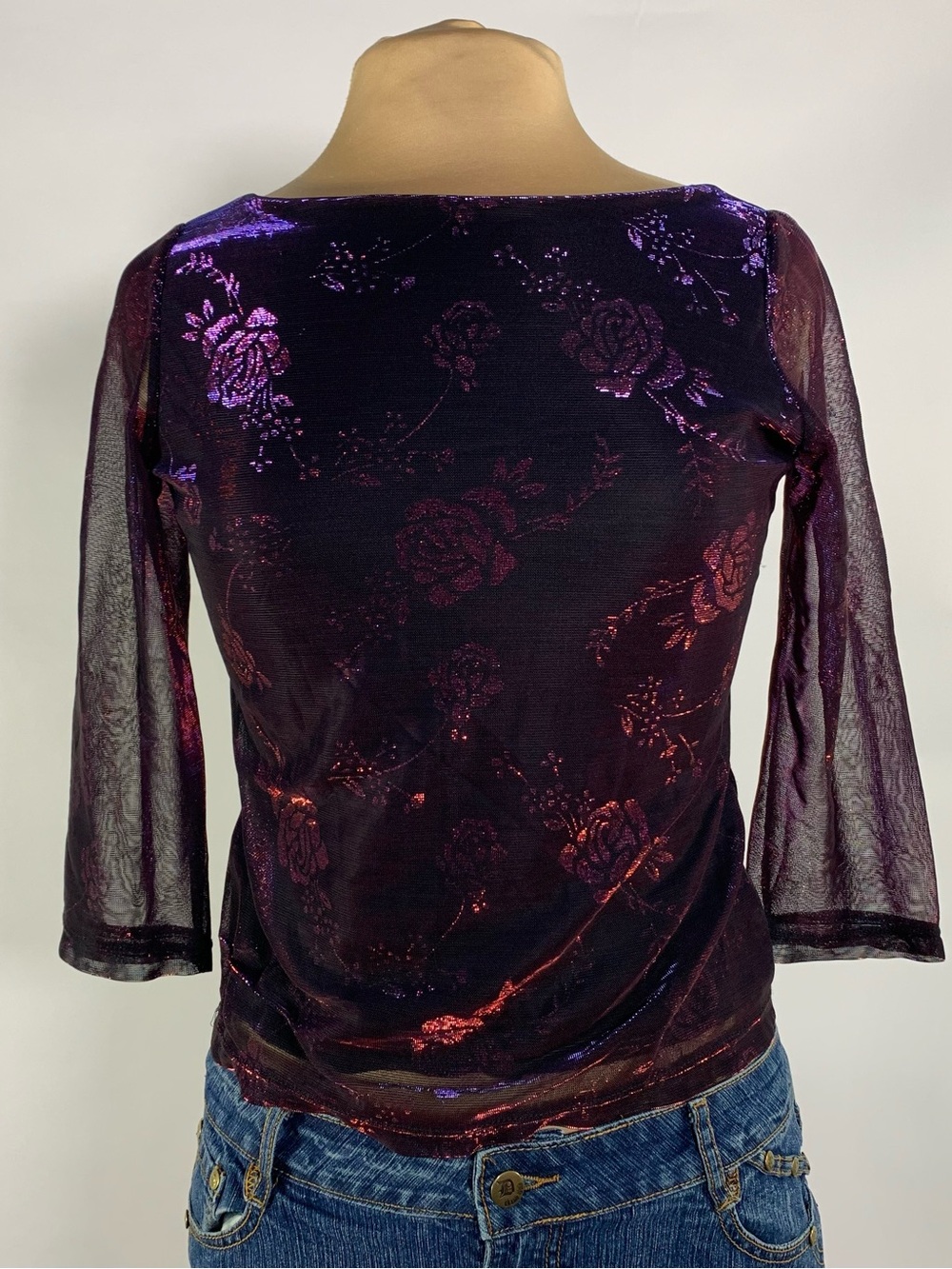 Y2K Actress Metallic Rose Mesh 3/4 Sleeve Top